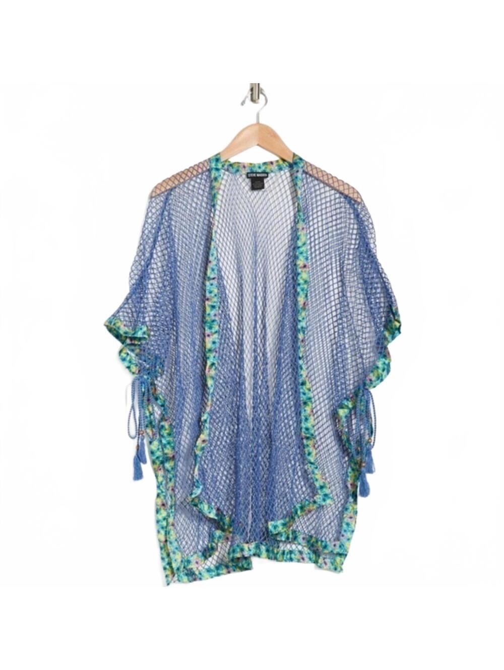 Steve Madden Open Weave Topper Net Cardigan NWT Blue Floral One Size